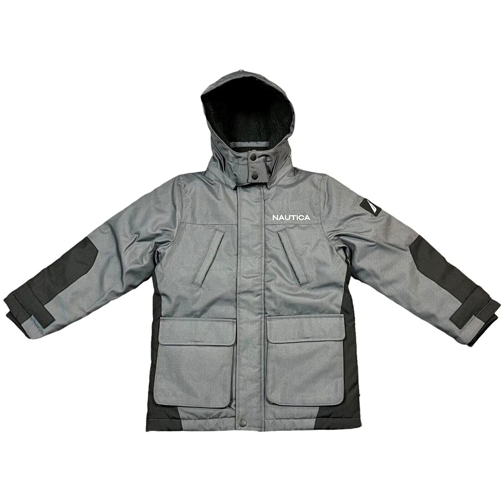 Nautica Boys Full Zip Winter Jacket Size‎ 6 Gray Black Hooded Water Resistant